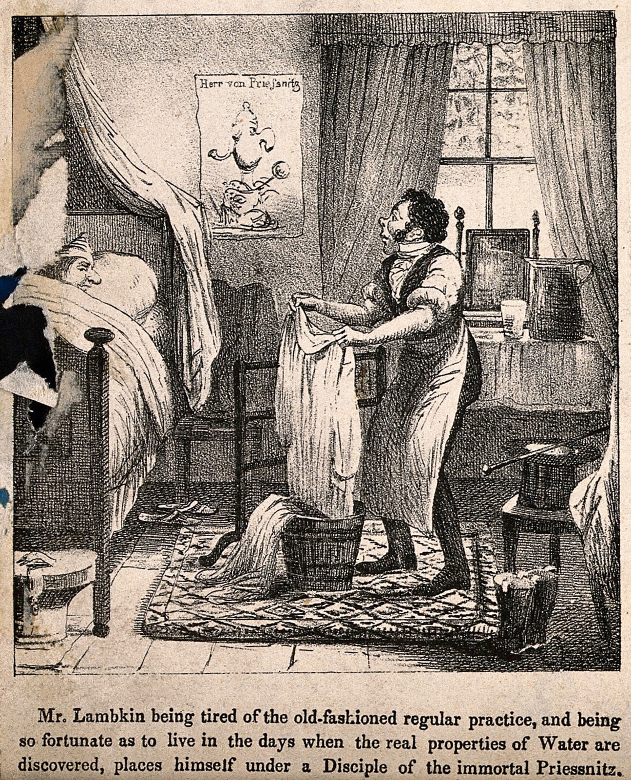 Satirical print of a man in bed swathed in wet wrappings while an attendant tends to him, with water vessels nearby.