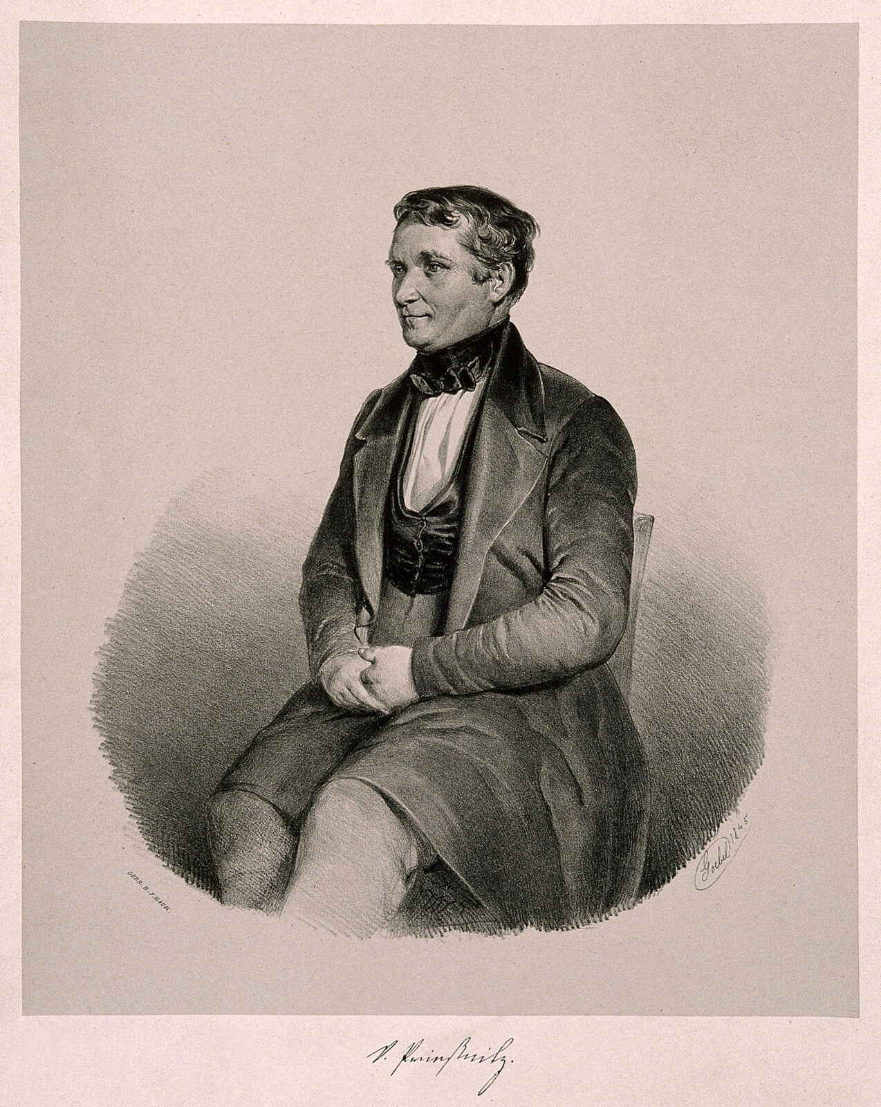 Seated three-quarter-length lithographic portrait of Vincenz Priessnitz, turned to his left, hands clasped in his lap, in a dark coat, waistcoat and cravat, with a facsimile signature below.