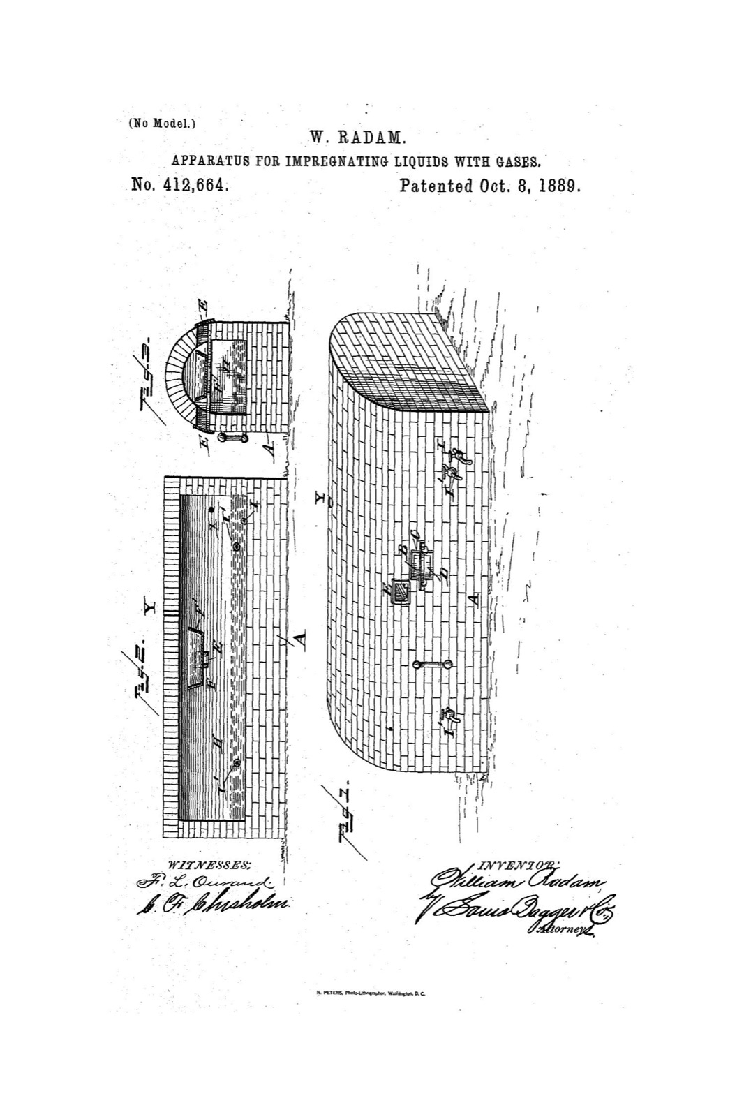A patent drawing sheet showing perspective and sectional views of a long brick-and-cement tank, headed with the patent title, number, and date and signed by the inventor.