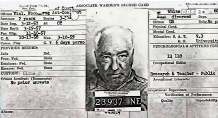 A typed and handwritten federal prison record card with printed field labels and entries.
