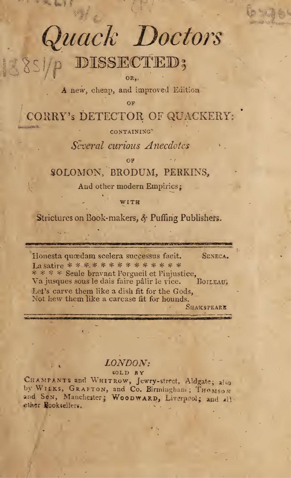 Letterpress title page reading 'Quack Doctors Dissected; or, a new, cheap, and improved edition of Corry's Detector of Quackery', naming Solomon, Brodum, Perkins and other empirics, with epigraphs and a London imprint