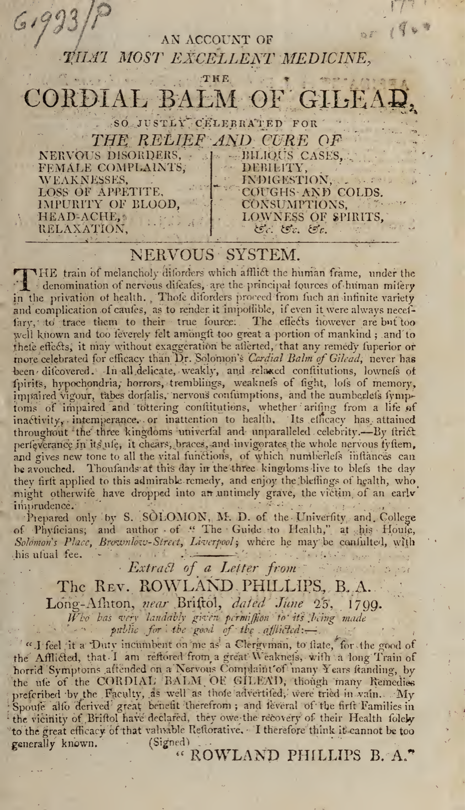 Letterpress advertisement page headed 'An account of that most excellent medicine, the cordial balm of Gilead', listing complaints it claims to relieve, with a testimonial letter below