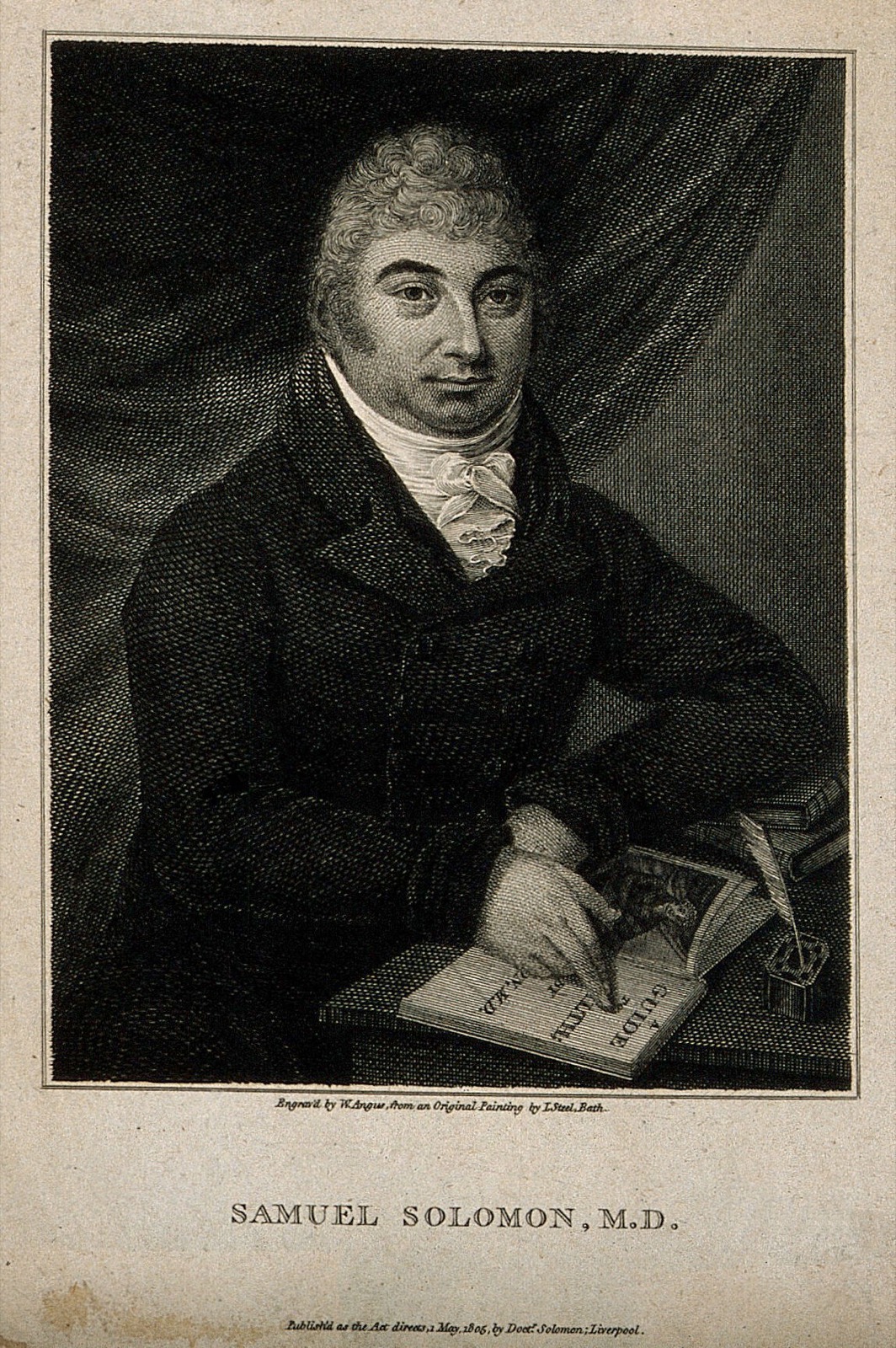Stipple engraving of a seated man in a dark coat and white cravat at a desk, his hand resting on an open book lettered Guide to Health