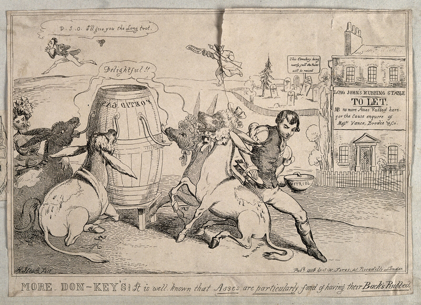 Etching of several donkeys undergoing a mock medical treatment: one inhales gas from a large barrel, another has its back scrubbed by a man holding a bowl, set in front of a graveyard and a shop sign.