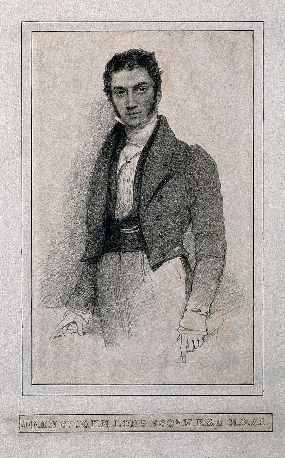 Half-length lithograph portrait of a young man with curly dark hair in early-19th-century dress (high white cravat, dark double-breasted tailcoat, pale trousers, gloves), looking directly at the viewer.