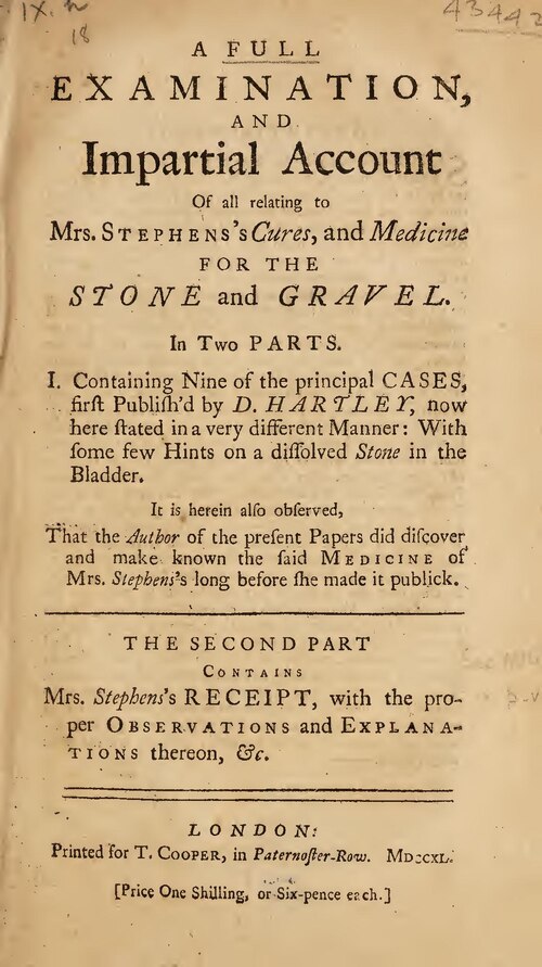 Period title page headed A Full Examination, and Impartial Account of all relating to Mrs. Stephens's Cures, and Medicine for the Stone and Gravel, in two parts, with a London imprint for T. Cooper dated MDCCXL (1740).