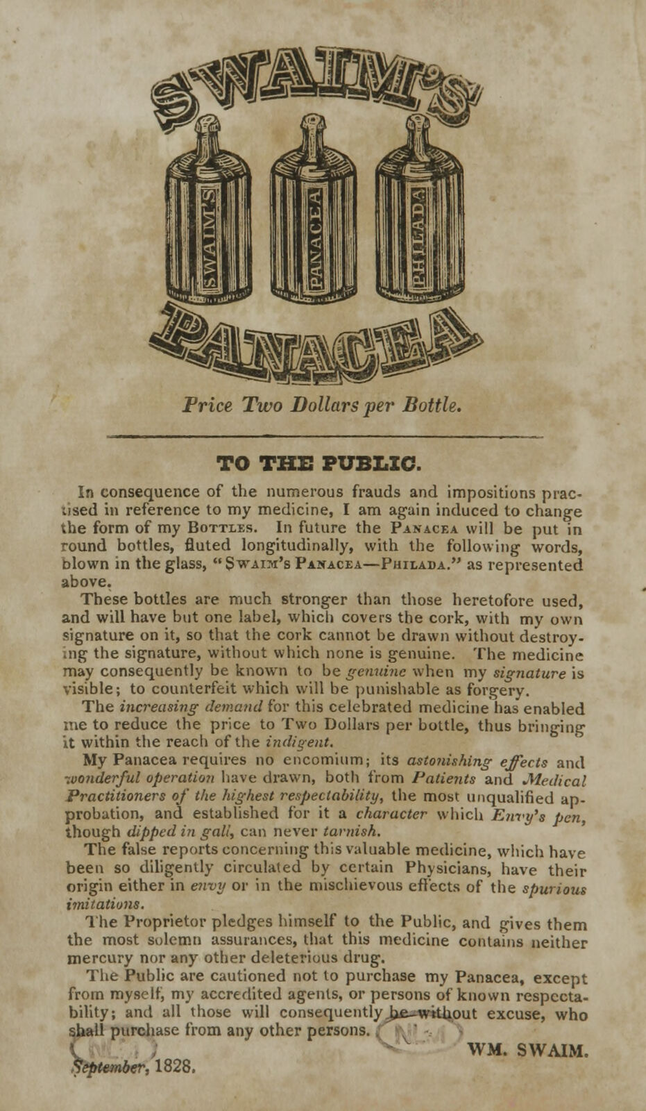 Printed 1828 notice headed Swaim's Panacea, Price Two Dollars per Bottle, To the Public, in which William Swaim pledges over his own signature that the medicine contains no mercury