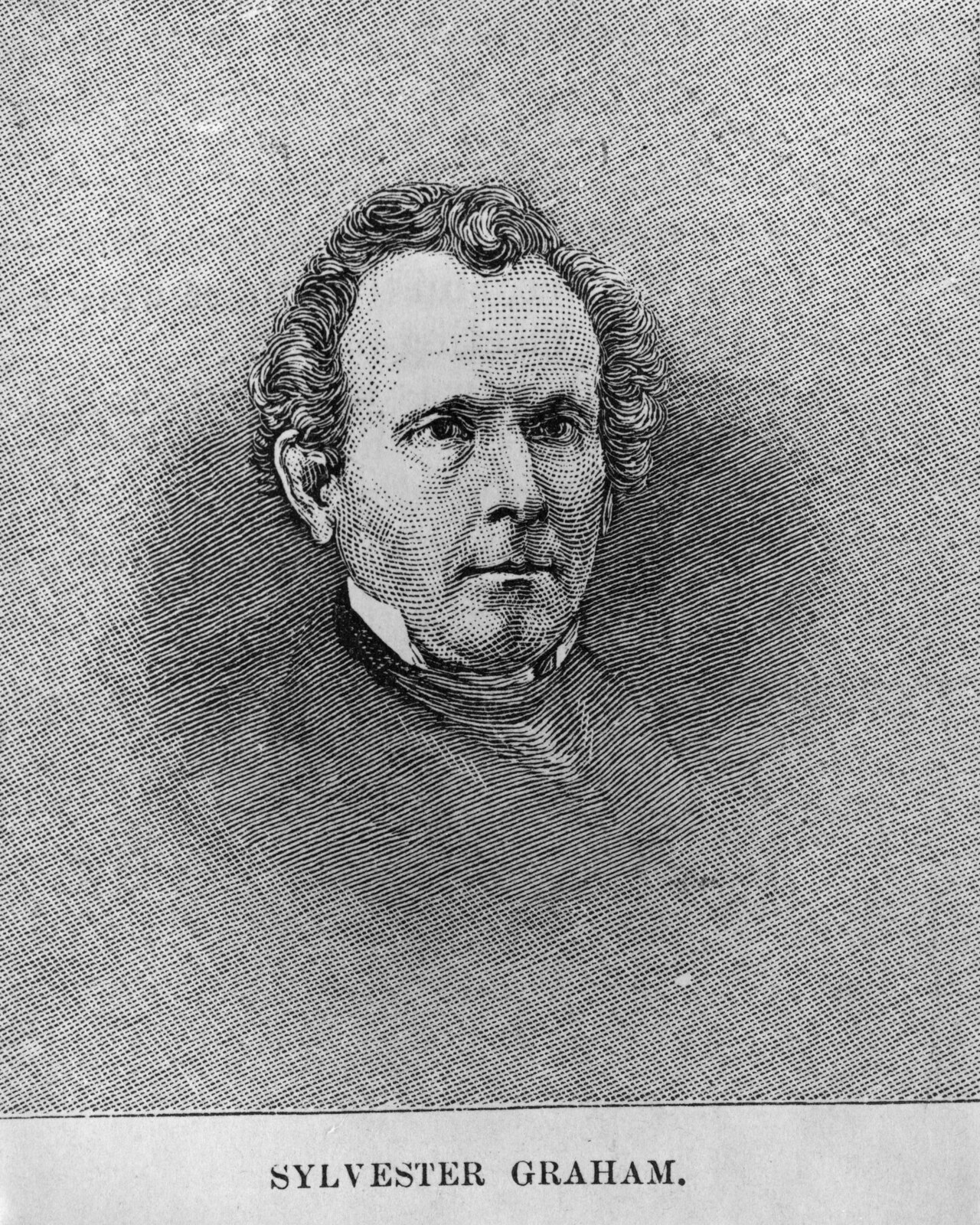 Bust-length wood-engraved portrait of Sylvester Graham, a clean-shaven man in a dark early-Victorian coat and high collar, facing slightly left