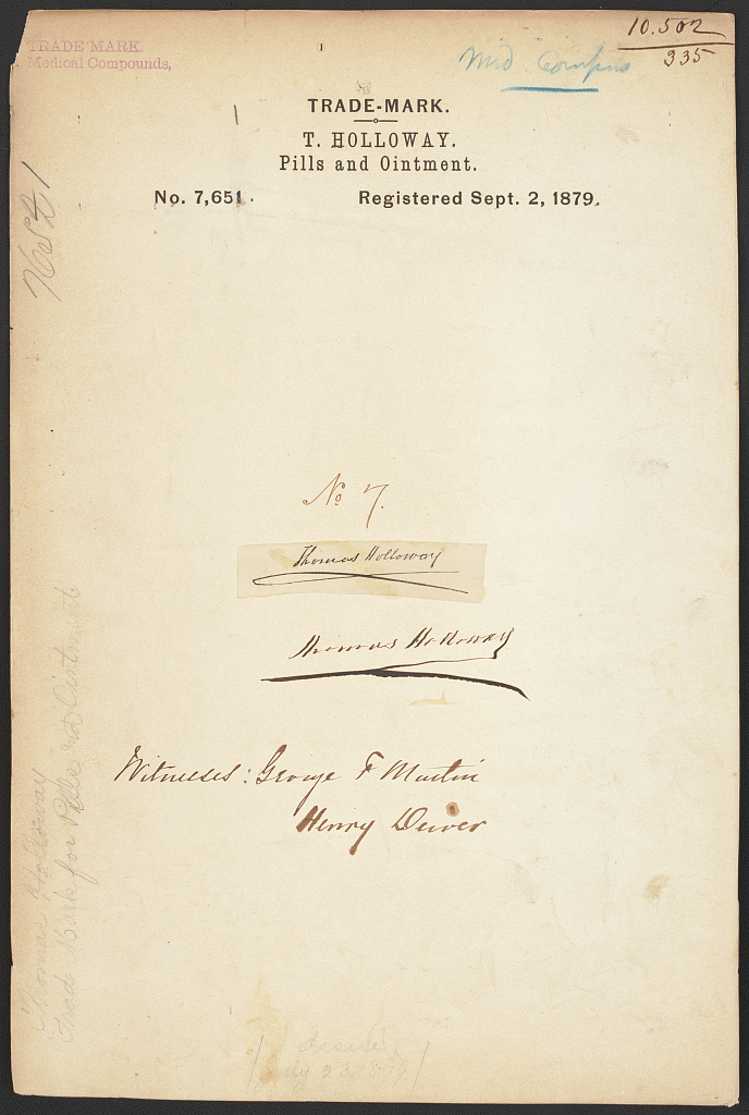 A printed and handwritten trademark registration form headed TRADE-MARK, T. HOLLOWAY, Pills and Ointment, No. 7,651, Registered Sept. 2, 1879, with a signature and two witness names below