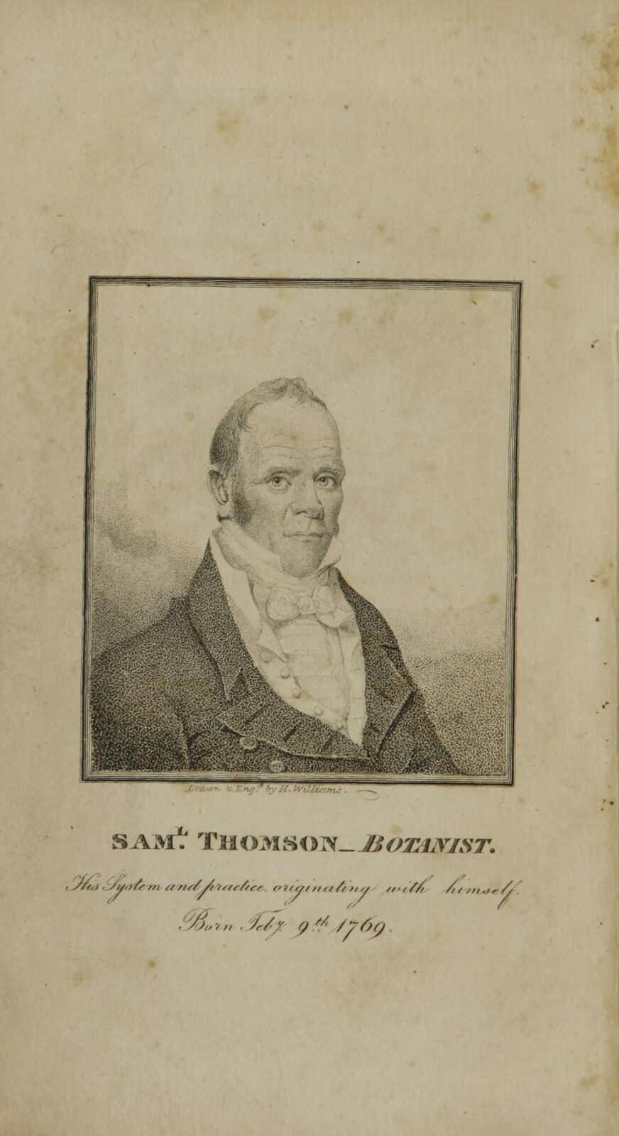 Engraved half-length portrait of a balding middle-aged man with heavy brows in a dark coat, high collar, and tied cravat, captioned 'Sam'l Thomson - Botanist'