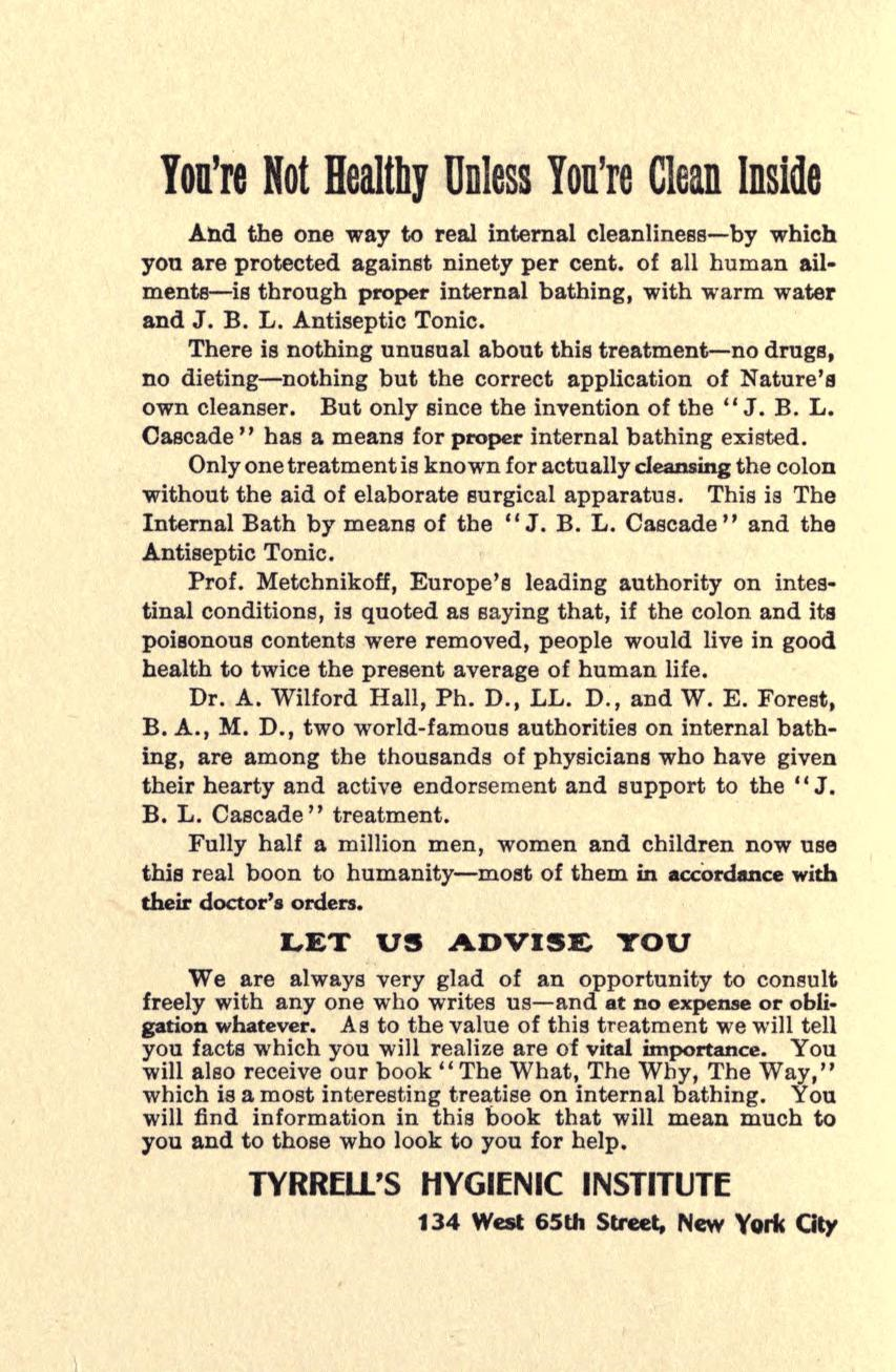 Text advertisement page headed 'You're Not Healthy Unless You're Clean Inside,' promoting internal bathing and Tyrrell's Hygienic Institute.
