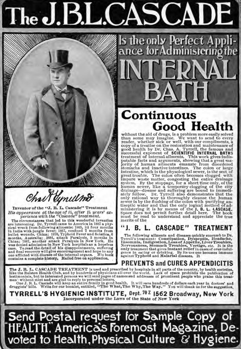 Magazine advertisement page of dense text promoting the J.B.L. Cascade internal bath, with a small oval portrait of a seated man at the top.