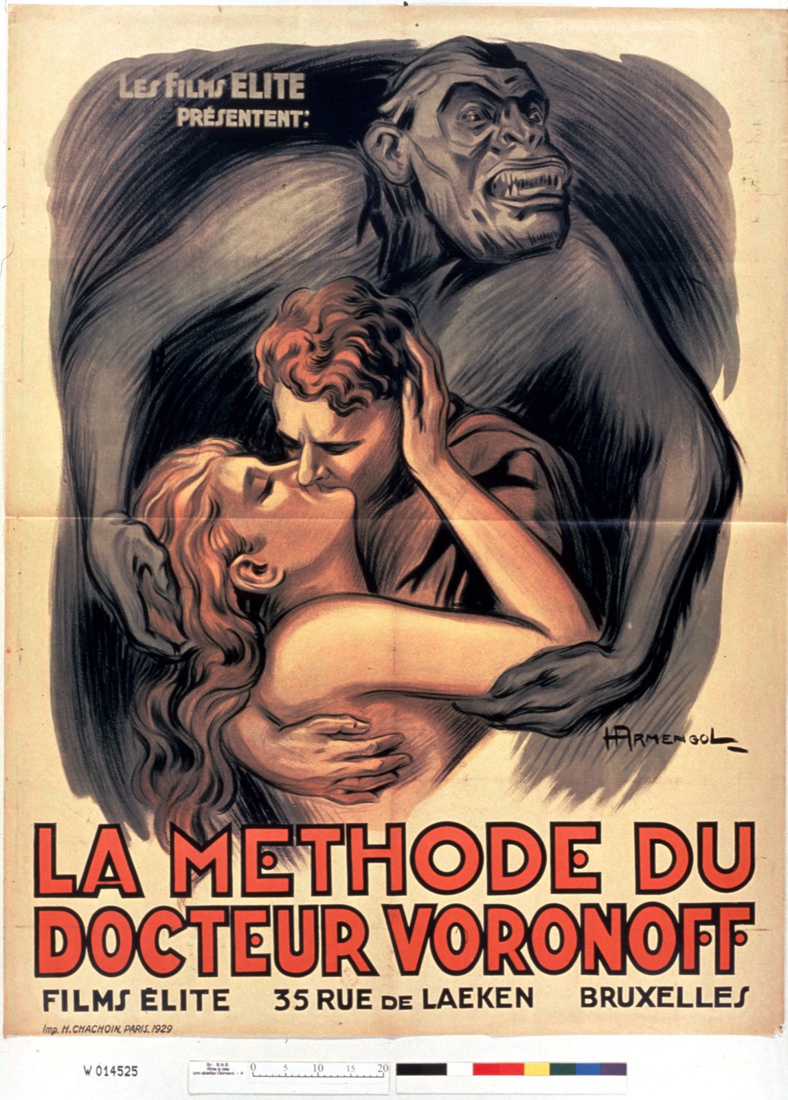 Lithographic film poster showing a stylized scene from La methode du docteur Voronoff, 1929.