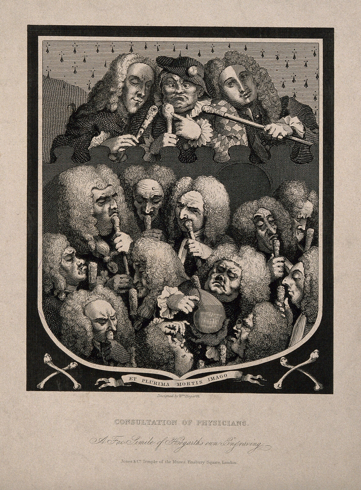 Satirical heraldic-shield print packed with bewigged quack doctors' faces, three at the top and twelve more below, several holding medicine bottles and canes to their noses, with crossed thigh bones beneath the shield.