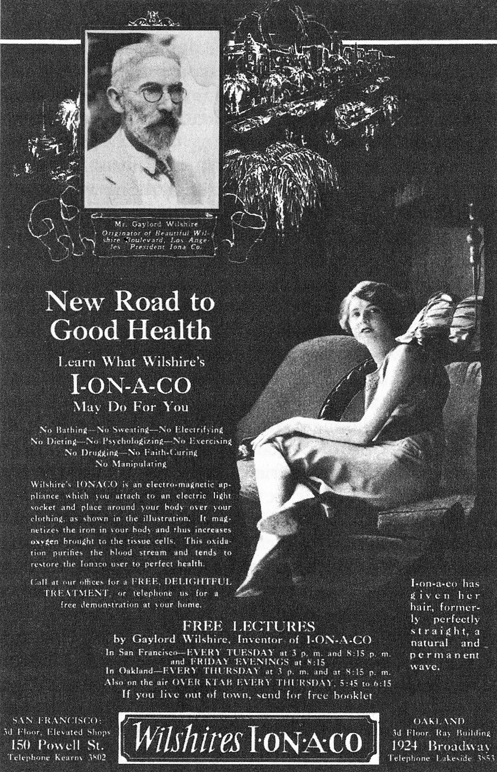 Black-and-white newspaper advertisement: an inset oval portrait of a bearded man at upper left, a seated woman at right, the large headline 'New Road to Good Health,' and 'I-ON-A-CO' in big letters, with dense body text and office addresses below.